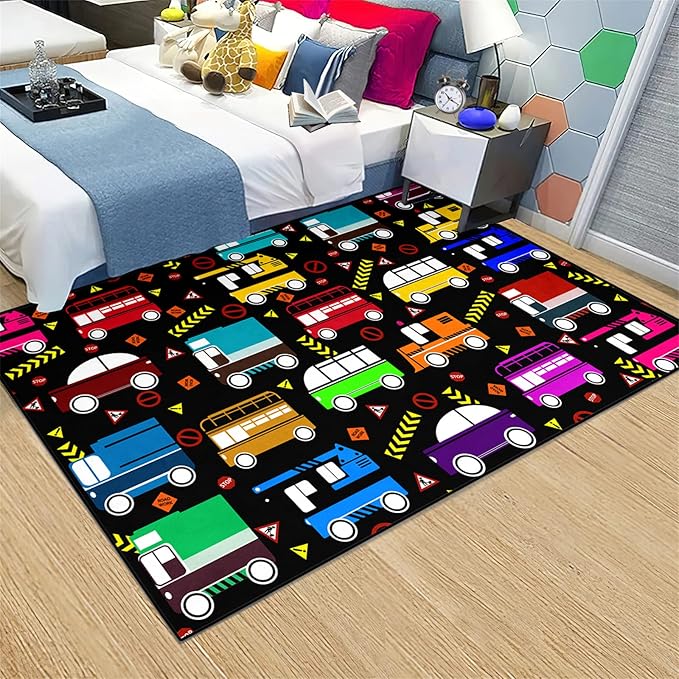 Car Play Mat Kids Rugs for Playroom Car Track Rug Kids Mat Construction Play Mat Car Play Rug Car Carpet for Kids Carpet for Bedroom Truck Rugs for Boys Room,Black 2'5''×4'