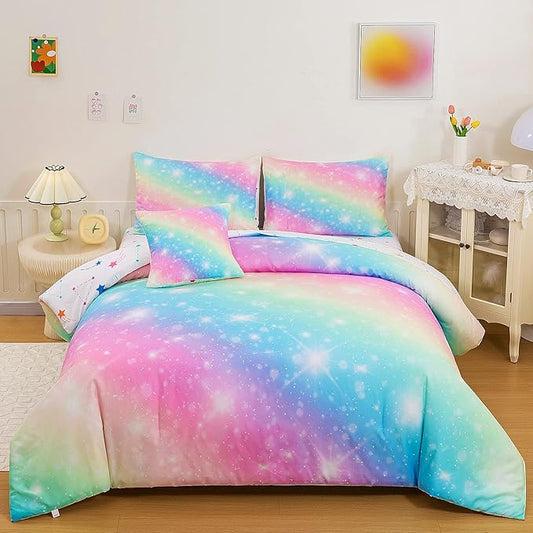 Glitter Galaxy Comforter Set 6 Pcs Bed in A Bag, Ombre Pink Blue Rainbow Girls Full Size Bedding Sets with Sheets