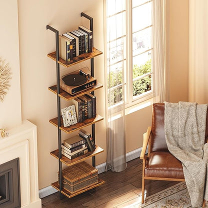 SUPERJARE 5-Tier Bookshelf, Narrow Book Shelf Set of 2, Open Wall-Mounted Ladder Shelf with Metal Frame, Display Bookcase for Home Office, Bedroom, Rustic Brown