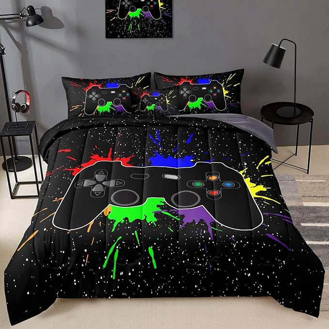 5 Pieces Gamer Comforter Set for Boys Gaming Bedding Set Twin Size,Video Game Controller Comforter for Boys Kids Adult 3D Gamepad Microfiber Bed in A Bag Sets3001,Twin