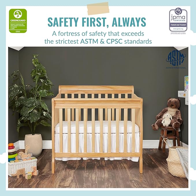 Aden 4-in-1 Convertible Mini Crib in Natural, Greenguard Gold Certified & Sunset 3” Extra Firm Fiber Crib Mattress, Greenguard Gold Certified, Waterproof Vinyl Cover