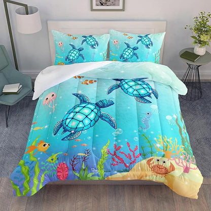Turtle Comforter Set Twin Ocean Watercolor Sea Turtle Bedding Set Nautical Sea Animal Reptile Bed Set with 2 Pillowcases for Kids Room Decor