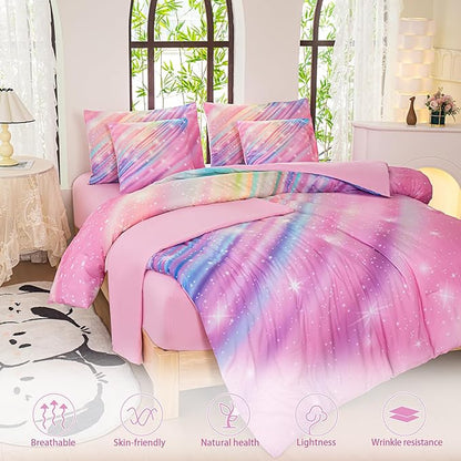 Full Size Bedding Sets Kids Bedding Sets for Girls,Galaxy Bedding 7pieces Glitter Pink Comforter, Colorful Comforter Full Size Comforter Sets for Teen Girls