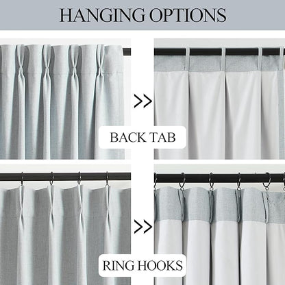 Vision Home Blue Fog Pinch Pleated Full Blackout Curtains Linen Blended Room Darkening Window Curtains 102 inch for Living Room Bedroom Thermal Insulated Pinch Pleat Drapes with Hooks 60" Wx102 Lx1