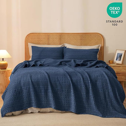 PHF 100% Cotton Waffle Weave Blanket Queen Size, Soft Lightweight Breathable Cozy Summer Blankets for Bed, Luxury Aesthetic Woven Bedding for Home Decor, 90"x90", Bright Navy Blue