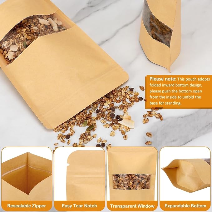 100 Pcs Kraft Paper Resealable Bags for Small Business (4 X 6.3 Inches) | Heat Sealable Zip Lock Stand Up Pouches with Clear Window for Food Storage, Samples, Party Favors
