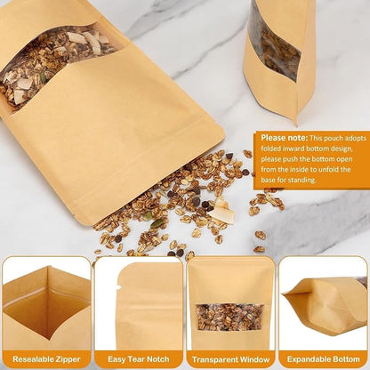 100 Pcs Kraft Paper Resealable Bags for Small Business (4 X 6.3 Inches) | Heat Sealable Zip Lock Stand Up Pouches with Clear Window for Food Storage, Samples, Party Favors