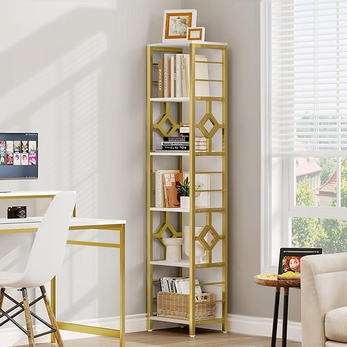 YITAHOME Narrow Bookshelf, 5-Tier White and Gold Book Shelf Storage Rack, Display Shelves Stand Etagere for Small Spaces, Open Bookcase for Bedroom Living Room Bathroom Kitchen, Gold