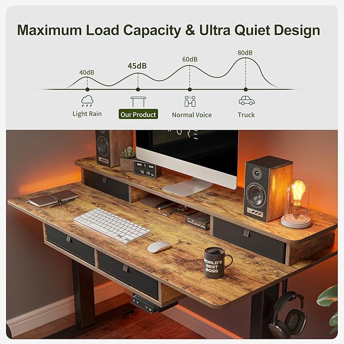 BANTI Height Adjustable Electric Standing Desk with 4 Drawers, 48 x 24 Inch Table with Storage Shelf, Sit Stand Desk, Rustic Brown Top