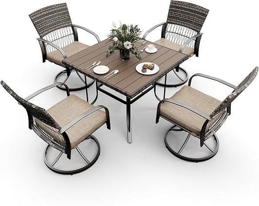 Pamapic 5 Piece Patio Dining Set for 4,Wicker Outdoor Furniture Set for Backyard Garden Deck Poolside with Square Plastic-Wood Table Top,4 Cushions Swivel Rocker Chairs,Removable Cushions(Beige)