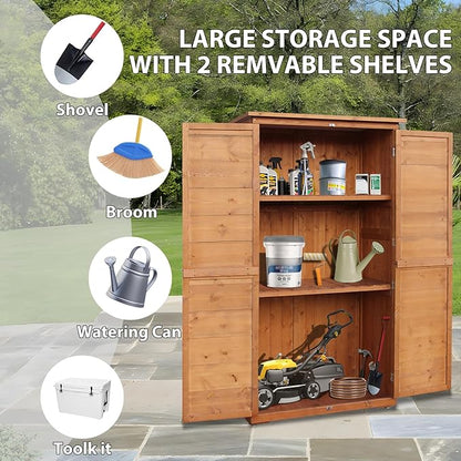 Outdoor Storage Cabinet, Wood Garden Shed, Pool Storage Shed with Lockable Door, Waterproof Roof and 2 Removable Shelves, Vertical Outside Storage Shed for Patio, Backyard and Lawn, Oak Brown