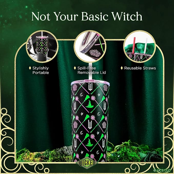 Dragon Glassware x Wicked Stainless Steel Tumbler with Straw, 24 oz - Green | Vacuum Insulated Wicked Cup with Lid & Straw For Water & Iced Tea; Official Wicked Merch