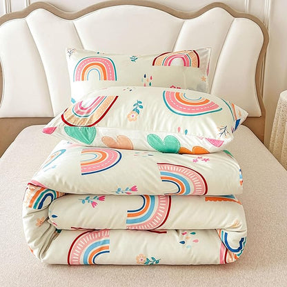 Btargot Lightweight Soft 3 Piece Rainbow Comforter Set with 2 Pillow Covers, Cartoon Love Hearts Flowers and Grass Bedding Set for Girls Boys Kids, Full Multi-Color