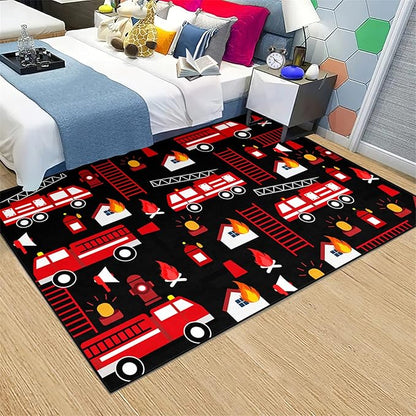 Car Play Rug Fire Fighting Truck Area Rug Car Rug Play Mat Kids Rugs for Playroomcar Rug for Boys Room Carpet Floor Mat for Bedroom Living Room,Black 2'5''×4'