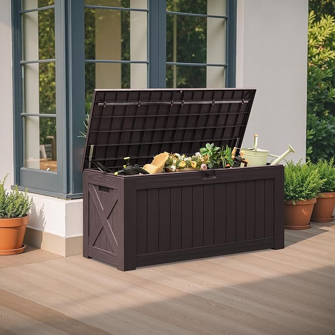 Flamaker Resin Deck Box 120 Gallon Waterproof Large Outdoor Indoor Storage Box Imitation Wood Resin for Patio Furniture Garden Tools and Pool (Deep Brown)
