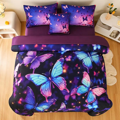 DORCAS Butterfly Comforter Sets for Girls,Twin Size Butterfly Bedding Sets Girls,6 Pieces Girls Bedding Sets Twin with Comforter Sheets for Teens Kids