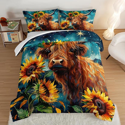 HOSIMA Highland Cow Comforter Set,Western Farmhouse Animals Cow and Sunflower Print Bedding Set 3Pcs with 2 Pillowcases,Galaxy Star Moon Comforter,Floral Comforter Twin Bed in a Bag.
