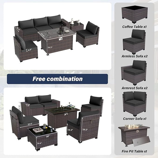 Patio Furniture Sectional Sofa Set 7-Pieces PE Rattan Patio Conversation Set w/43in Gas Fire Pit Table, Outdoor Furniture with 55000 BTU Propane Fire Pit, Black