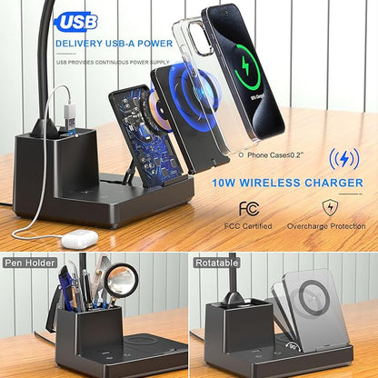 comzler LED Desk Lamp with Wireless Charger,Small Desk Lamps with Pen Phone Holder, Black Desk Lamp for for Home Office,8W 3 Modes Dimmable Touch Lamp, Desktop Study Lamps for College Dorm Room