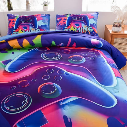 Aimuan Gamer Gaming Bedding Sets 3D Gamepad Comforter Sets for Boys Games Console Action Buttons Novelty Colorful Game Controller Modern Room Decor Home Quilt Set (Queen, Purple)