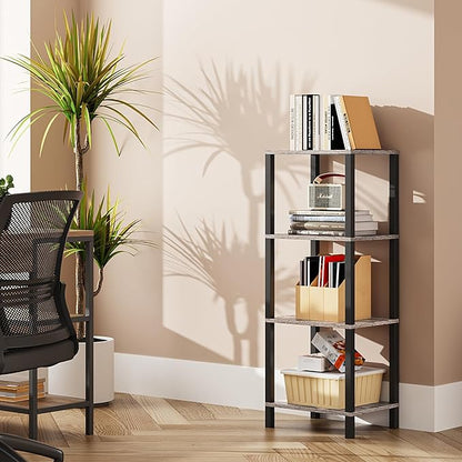 TUTOTAK Bookshelf, 4-Tier Tall Book Shelf, Narrow Bookcase for Small Space, DIY Stackable Bookshelf, for Living Room, Office, Study, Entryway, Industrial, Greige and Black BS01BG004