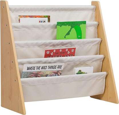 Wildkin Kids Canvas Sling Bookshelf for Boys and Girls, Wooden Design Features Four Fabric Shelves, Keep Bedrooms, Playrooms, and Classrooms Organized, Measures 25 x 24 x 11 Inches (Natural w/ Tan)
