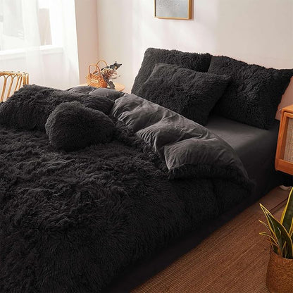 Fluffy black comforters Cover twin size - Ultra Soft Plush black bedding Sets 2 Pieces (1 faux fur comforter Cover + 1 fuzzy pillow case) girls shaggy black twin bed set (Black, Twin)