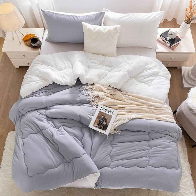 COTTEBED Ultra-Soft Reversible Warm Comforter Set Twin Sized, Winter Milk Cup Grey White Breathable Bedding Down Alternative Comforter for Boy Kids Girl School College Dorm Christmas, Twin/TwinXL