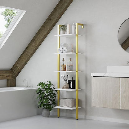 YMYNY 5 Tiers Ladder Bookcase, Industrial Wall Mounted Bookshelf, Open Display Rack with Metal Frame, Wooden Storage Shelves for Bedroom, Home Office, Living Room, White+Gold, 70*17.3*11.8"UHBC015W