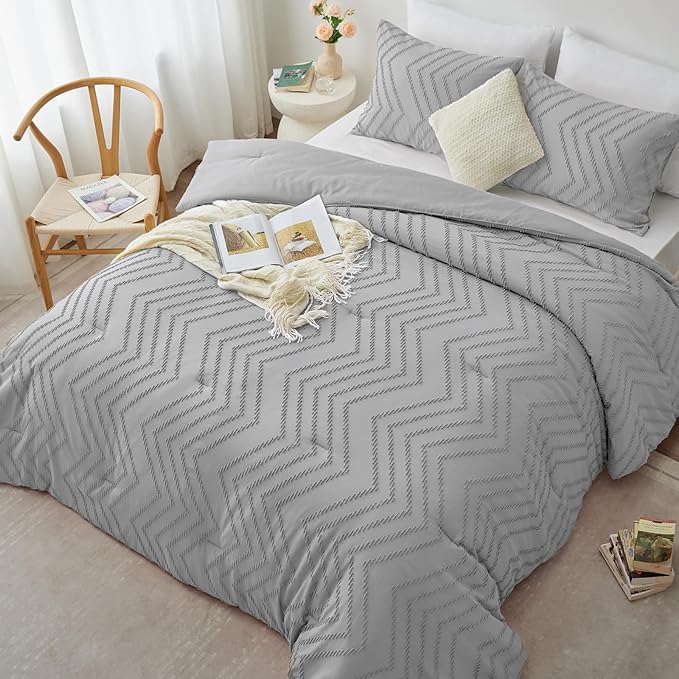 CozyLux King Size Comforter Set Light Grey - 3 Pieces Boho Tufted Shabby Chic Bedding Comforter Set for All Seasons, Chevron Bedding Sets with Comforter & 2 Pillow Shams
