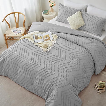 CozyLux King Size Comforter Set Light Grey - 3 Pieces Boho Tufted Shabby Chic Bedding Comforter Set for All Seasons, Chevron Bedding Sets with Comforter & 2 Pillow Shams
