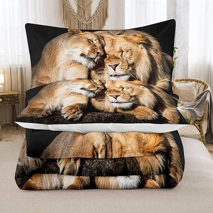 Bodhi Lover Couple Lion Comforter Set Full Soft Microfiber Lion Bedding Set Full Size Animal Comforter Set with Pillowcases,1 Comforter+2 Pillow Shams #4004