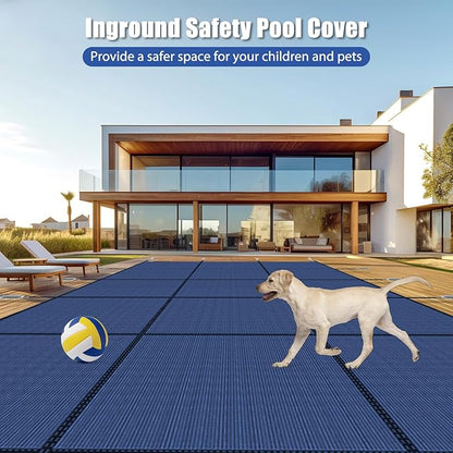 Inground Pool Cover Safety Fits Rectangle Swimming Pool, Mesh Solid Pool Cover for Inground Pools,Winter Pool Safety Cover Includes Safety Net and Installation Tools Blue (Blue, Fits 16x32ft Pools)