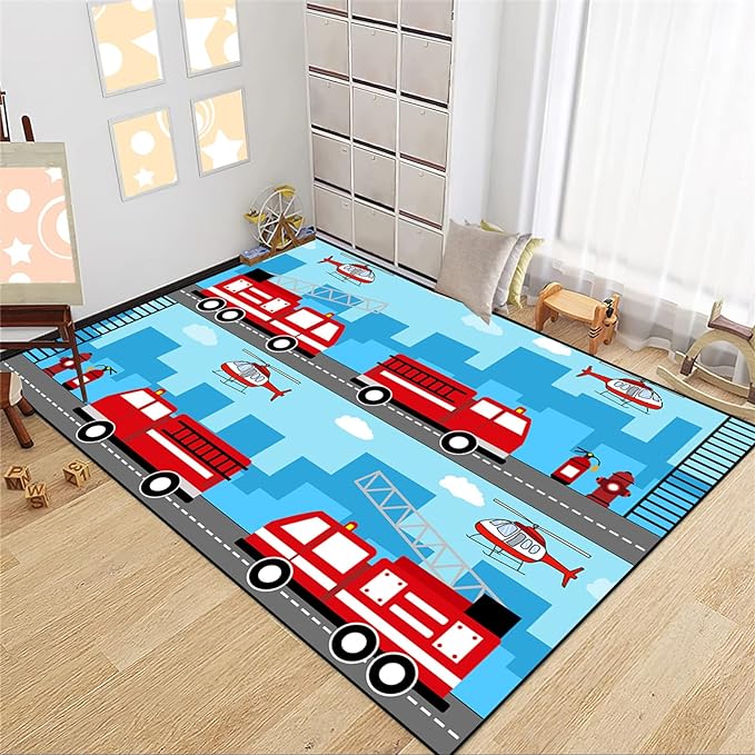 Car Rug Play Mat Car Rug Play Mat Car Rug for Boys Room Fire Fighting Truck Red Car Printed Rug Play Rug for Cars and Trucks Play Rugs for Kids Rooms,Light Blue 3'×5'