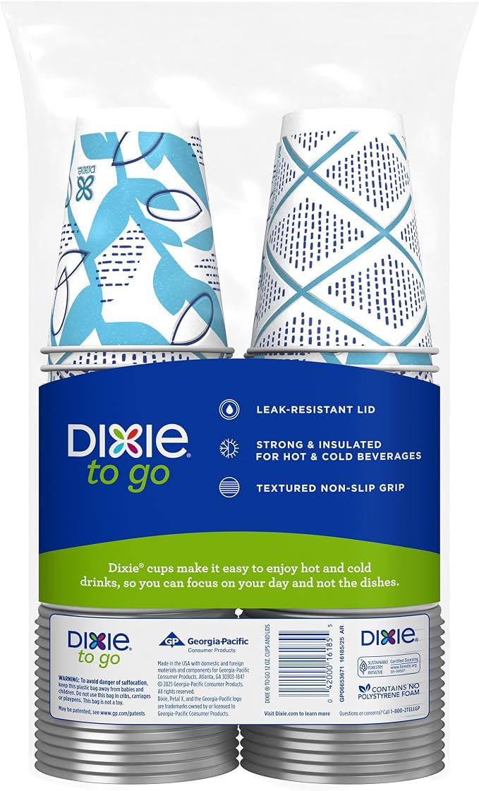 Dixie To Go Disposable Paper Cups with Leak-Resistant Lid, 12 oz, 60 Count
