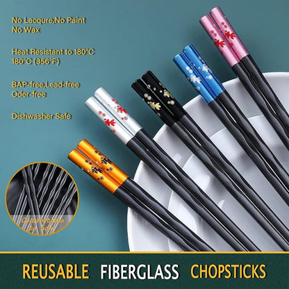 Fiberglass Chopsticks Series - Japanese Non-Slip Chopstick, Reusable Chop Sticks Dishwasher Safe, 5 Pairs, Gift Set, 9.9 Inches,Golden Fish