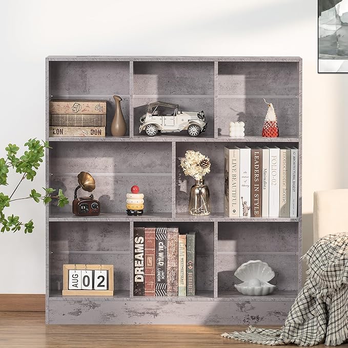 LEYAOYAO 8 Cube Bookshelf with Base,3 Tier Mid-Century Modern Grey Bookcase,Standing Wide Bookshelves Storage Organizer Shelf,Rustic Wood Display Cabinet Book Shelves for Bedroom,Living Room,Office