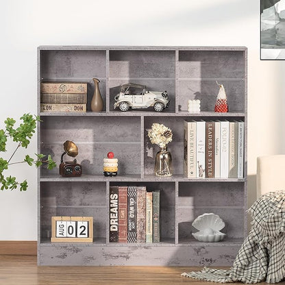 LEYAOYAO 8 Cube Bookshelf with Base,3 Tier Mid-Century Modern Grey Bookcase,Standing Wide Bookshelves Storage Organizer Shelf,Rustic Wood Display Cabinet Book Shelves for Bedroom,Living Room,Office