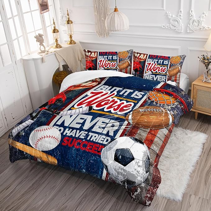 Axolotl Sports Comforter Set Twin Size,Sports Theme Comforter Set Baseball Football Bedding Set,Sports Bedding Set 3D Soccer Comforter Set Basketball Bedding for Boys Teens Men,1 Quilt 2 Pillowcases