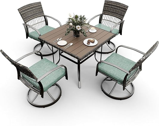 Pamapic 5 Piece Patio Dining Set for 4,Wicker Outdoor Furniture Set for Backyard Garden Deck Poolside with Square Plastic-Wood Table Top,4 Cushions Swivel Rocker Chairs,Removable Cushions(Green)