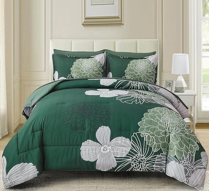Yiran 7 Pieces King Size Comforter Set,Dark Green Floral Bed in a Bag Comforter and Sheet Set, Soft Microfiber Lightweight Bedding Set for All Season 103"×90"