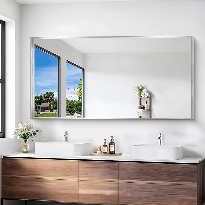 Silver Bathroom Mirror, 30x60 Inch Rectangular Deep Frame Mirror, Large Wall Mounted Bathroom Vanity Mirror Over Sink for Bedroom,Restroom, Living Room, Hangs Vertically or Horizontally
