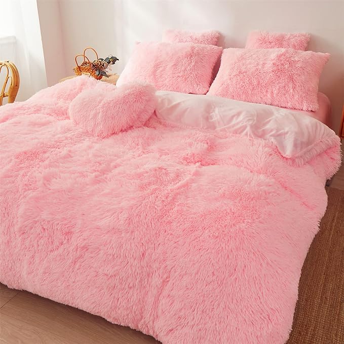 Fluffy comforters Cover twin size - Ultra Soft Plush pink bedding Sets 2 Pieces (1 faux fur comforter Cover + 1 fuzzy pillow case) girls shaggy Pink twin bed set (Light Pink, Twin)