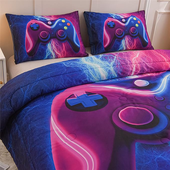 Meeting Story Gamer Gaming Bedding Sets Red Blue Lightnings Gamepad Comforter Set for Boys Games Console Action Buttons Novelty Colorful Modern Room Decor Home Quilt Set (Blue-Purple, Twin)