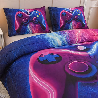 Meeting Story Gamer Gaming Bedding Sets Red Blue Lightnings Gamepad Comforter Set for Boys Games Console Action Buttons Novelty Colorful Modern Room Decor Home Quilt Set (Blue-Purple, Twin)