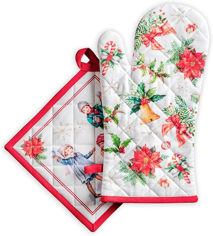 Maison d' Hermine 100% Cotton Oven Mitt & Pot Holder Set (7.5"x13" & 8"x8") | Heat Resistant BBQ Cooking Gloves with Loop Baking Grilling Kitchen Hotel Home Farmhouse Thanksgiving Christmas - Chromo