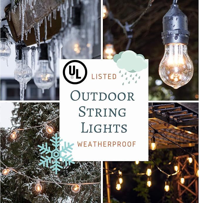 Hometown Evolution, Inc. 100 Foot E26 Outdoor Commercial String Lights with Suspended Socket for Weatherproof Heavy Duty Vintage Outside Lighting - Set of 50 A15 Clear Bulbs