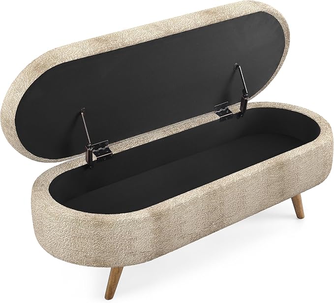 Oval Storage Bench 43.5" Linen Fabric Upholstered Entryway Bench with Solid Wood Legs Ottoman Bench Indoor Bench for Living Room/Bedroom/End of Bed/Entryway (Brown)
