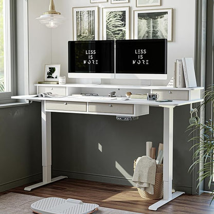 BANTI Height Adjustable Electric Standing Desk with 4 Drawers, 48 x 24 Inch Table with Storage Shelf, Sit Stand Desk, White Top