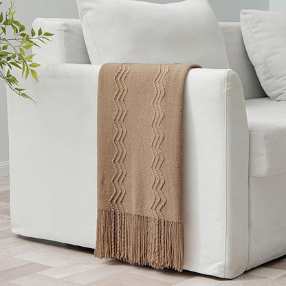 MIULEE Tan Taupe Knitted Throw Blanket for Couch Boho Textured Cozy Woven Blanket with Tassels for Sofa Chair Bed Living Room Farmhouse Home Decor Acrylic Wave Pattern 50"x60"
